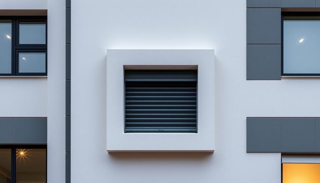 A modern, minimalist facade with a built-in roller shutter box meticulously integrated into the architectural design. The recessed shutter box seamlessly blends with the clean, geometric lines of the wall, creating a cohesive and visually appealing exterior. Soft, warm lighting from concealed fixtures casts a subtle glow, accentuating the sleek, understated aesthetic. The roller shutter mechanism is neatly hidden, allowing the focus to remain on the harmonious interplay of form and function. The entire scene exudes a sense of thoughtful, sophisticated design, perfectly suited to complement the article's discussion on aesthetic solutions for external roller shutters. A modern, minimalist facade with a built-in roller shutter box meticulously integrated into the architectural design. The recessed shutter box seamlessly blends with the clean, geometric lines of the wall, creating a cohesive and visually appealing exterior. Soft, warm lighting from concealed fixtures casts a subtle glow, accentuating the sleek, understated aesthetic. The roller shutter mechanism is neatly hidden, allowing the focus to remain on the harmonious interplay of form and function. The entire scene exudes a sense of thoughtful, sophisticated design, perfectly suited to complement the article's discussion on aesthetic solutions for external roller shutters.