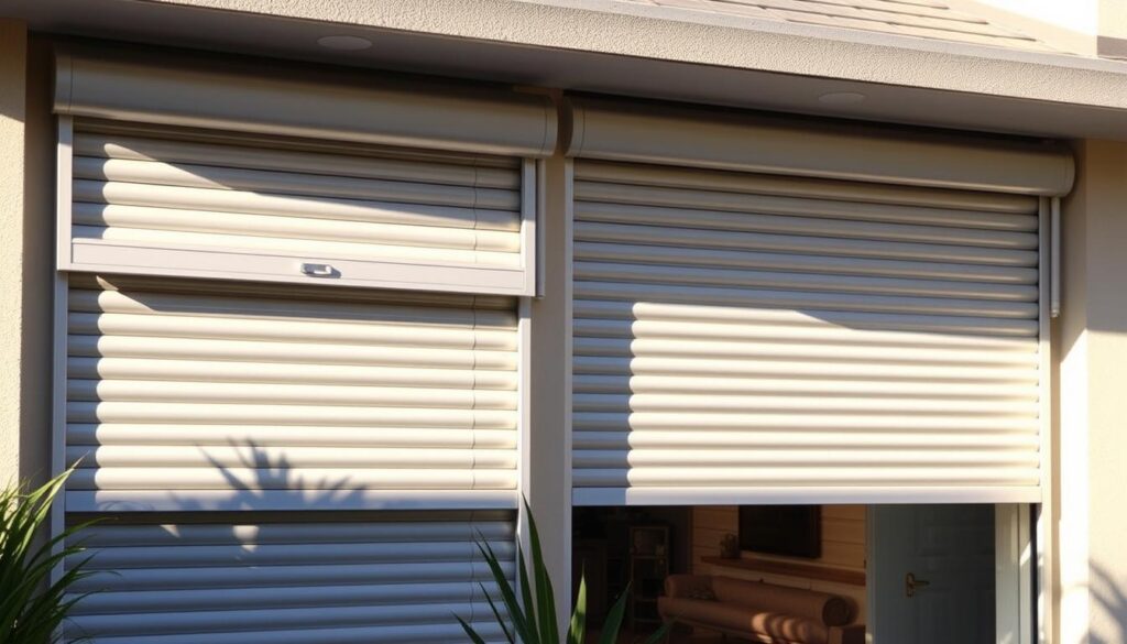 A modernly designed set of exterior roller shutters, prominently positioned in a well-lit residential setting. The shutters are made of durable, high-quality materials with a sleek, minimalist aesthetic, seamlessly integrating with the building's facade. Warm, natural sunlight filters through the partially raised shutters, casting soft shadows and highlighting their elegant contours. The scene evokes a sense of privacy, security, and energy efficiency, perfectly suiting the needs of a contemporary home.