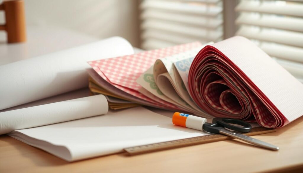 A neatly arranged still life featuring various materials for crafting a DIY paper roller blind. In the foreground, a roll of plain white paper, scissors, a ruler, and a glue stick. In the middle ground, a selection of colorful patterned paper sheets, some folded into pleats to suggest the shape of a roller blind. The background is softly blurred, hinting at a warm, inviting workspace. Lighting is diffused and natural, casting gentle shadows that emphasize the textures of the materials. The overall mood is one of creativity, simplicity, and practicality - the essential elements needed to make an elegant and affordable paper roller blind.