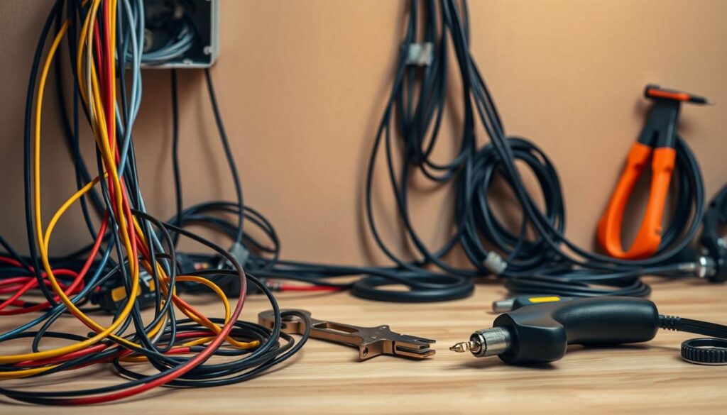 A neatly organized workspace with an assortment of electrical cables, wires, and tools. In the foreground, a tangle of cables in various colors cascades from an open junction box, illuminated by warm, directional lighting. In the middle ground, a set of measuring tools, wire strippers, and a small electric screwdriver are arranged on a clean, wooden workbench. The background features a neutral-toned wall, creating a sense of depth and focus on the detailed installation process. The overall atmosphere conveys a sense of precision, organization, and the technical expertise required for a professional cable installation. A neatly organized workspace with an assortment of electrical cables, wires, and tools. In the foreground, a tangle of cables in various colors cascades from an open junction box, illuminated by warm, directional lighting. In the middle ground, a set of measuring tools, wire strippers, and a small electric screwdriver are arranged on a clean, wooden workbench. The background features a neutral-toned wall, creating a sense of depth and focus on the detailed installation process. The overall atmosphere conveys a sense of precision, organization, and the technical expertise required for a professional cable installation.