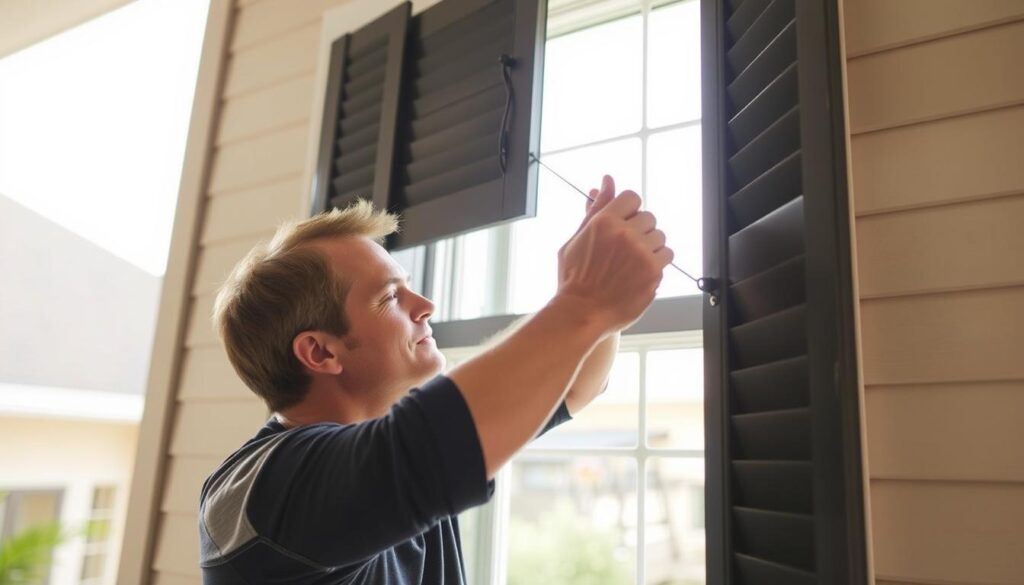A person demonstrating the manual operation of exterior window shutters, capturing the step-by-step process. The scene is set in a residential setting, with the person standing in front of a window, reaching up to grasp the cord or mechanism that controls the shutter's movement. The lighting is natural, with soft, diffused sunlight filtering through the partially open shutter, creating a warm, inviting atmosphere. The camera angle is positioned to provide a clear, unobstructed view of the manual operation, highlighting the simplicity and effectiveness of the process. The overall mood is one of helpfulness and practicality, showcasing the importance of understanding how to manually operate exterior shutters.