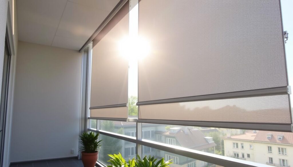 A set of elegant, modern exterior roller blinds adorn a balcony, their sleek aluminum frames blending seamlessly with the contemporary architecture. Sunlight streams through the partially drawn shades, casting a warm, filtered glow across the balcony's tiled floor and potted plants. The blinds, operated by a discreet mechanism, can be adjusted to control the amount of natural light and privacy as desired. Crafted with durable, weather-resistant materials, these exterior roller blinds offer both functional and aesthetic benefits, perfectly suited for enhancing the functionality and aesthetic appeal of this inviting balcony space.