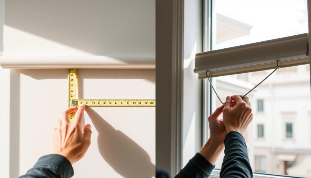 A side-by-side comparison of the precise measurement techniques for interior and exterior blinds. In the foreground, a pair of hands meticulously measuring the width and length of a closed roller blind against a ruler, with the tape measure clearly visible. In the middle ground, another pair of hands precisely measuring the dimensions of an outdoor awning blind, with the window frame and surrounding architecture visible in the background. Soft, natural lighting illuminates the scene, casting subtle shadows that convey the depth and three-dimensionality of the setup. The overall mood is one of attention to detail and professional expertise, capturing the nuances involved in obtaining the perfect fit for different blind types.