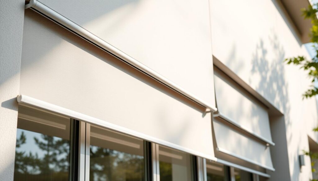 A sleek, modern exterior with a row of electric roller blinds adorning the windows. The blinds are seamlessly integrated into the building's facade, offering a clean, minimalist aesthetic. Soft, diffused natural light filters through the semi-transparent fabric, casting gentle shadows and creating a serene, inviting atmosphere. The roller mechanisms are discreetly hidden, showcasing the effortless functionality of these electric shades. The scene is captured from a slightly elevated angle, emphasizing the precision engineering and attention to detail in the design. Subtle reflections on the glass surface add depth and visual interest, inviting the viewer to imagine the comfort and energy efficiency offered by these high-quality electric roller blinds.