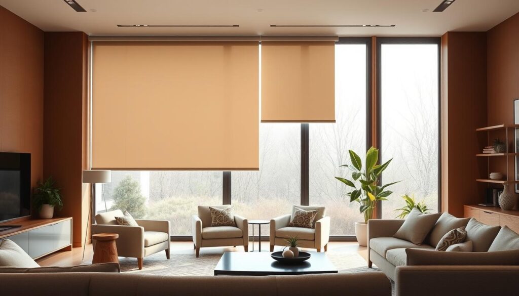 A spacious and elegant living room with large windows that let in natural light. In the foreground, a pair of modern, minimalist roller blinds in a neutral tone gently shade the room, their clean lines and seamless integration into the window frame creating a sophisticated and harmonious aesthetic. The middle ground features a cozy seating area with plush armchairs and a sofa, inviting relaxation and conversation. The background showcases a warm, earthy color palette, with wooden accents and a plant-filled corner, adding a touch of nature and warmth to the overall composition. The lighting is soft and diffused, creating a calming, inviting atmosphere perfect for a living room.