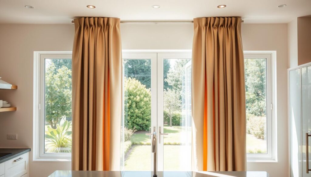 A spacious, sunlit kitchen with a large window overlooking a lush garden. Elegant material curtains in a soft, neutral color palette hang gracefully, their texture and flow captured in perfect detail. The curtains are expertly tailored, complementing the kitchen's modern, minimalist design. Warm, directional lighting casts a gentle glow, highlighting the curtains' subtle sheen and accentuating their ability to softly filter the natural light. The overall scene conveys a sense of tranquility and functionality, perfectly suited for the practical and aesthetic needs of a well-designed kitchen.