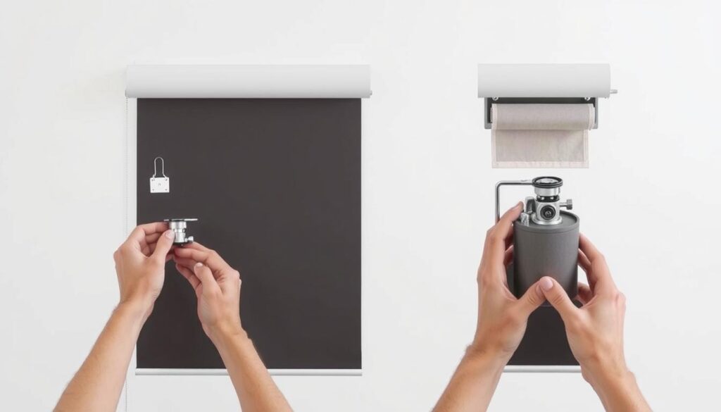 A step-by-step disassembly of an outdoor roller blind, showcased in a clean, minimalist style. The foreground depicts the blind components being carefully removed, such as the end caps, mounting brackets, and the fabric roller. The middle ground reveals the internal mechanisms, highlighting the pulley system and the winding mechanism. The background fades into a plain, neutral-toned environment, allowing the focus to remain on the technical details of the disassembly process. The lighting is soft and evenly distributed, creating a sense of clarity and precision. The camera angle is slightly elevated, providing an unobstructed view of the entire procedure. The overall mood is one of instructional clarity, emphasizing the step-by-step nature of the disassembly. A step-by-step disassembly of an outdoor roller blind, showcased in a clean, minimalist style. The foreground depicts the blind components being carefully removed, such as the end caps, mounting brackets, and the fabric roller. The middle ground reveals the internal mechanisms, highlighting the pulley system and the winding mechanism. The background fades into a plain, neutral-toned environment, allowing the focus to remain on the technical details of the disassembly process. The lighting is soft and evenly distributed, creating a sense of clarity and precision. The camera angle is slightly elevated, providing an unobstructed view of the entire procedure. The overall mood is one of instructional clarity, emphasizing the step-by-step nature of the disassembly.
