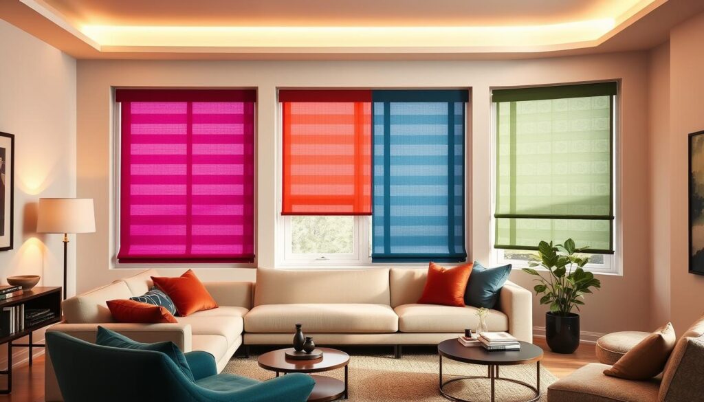 A stylish and contemporary living room with an array of window rollers in various hues, showcasing a harmonious color palette that seamlessly integrates with the room's decor. The rollers are displayed against a neutral wall, allowing their vibrant colors to take center stage. Warm lighting casts a soft, inviting glow, accentuating the texture and materiality of the rollers. The scene exudes a sense of sophistication and balance, highlighting how thoughtfully chosen roller colors can enhance the overall aesthetic of a living space.
