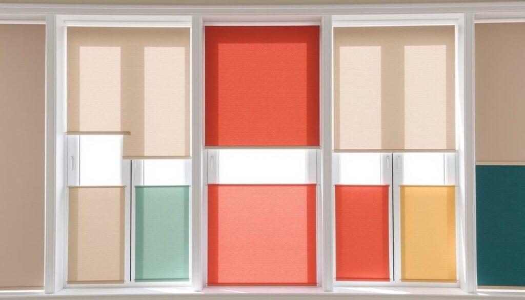 A stylish array of modern window roller shades in a variety of trendiest colors, arranged against a bright, airy backdrop showcasing white framed windows. The shades feature a sleek, minimalist design with a subtle texture, effortlessly blending form and function. Soft, natural lighting filters in, casting gentle shadows and highlighting the nuanced hues - from soothing neutrals to vibrant jewel tones. The composition emphasizes the harmonious interplay between the white window frames and the curated selection of contemporary roller shade colors, creating a visually appealing and inspirational scene for a sophisticated, light-filled interior.