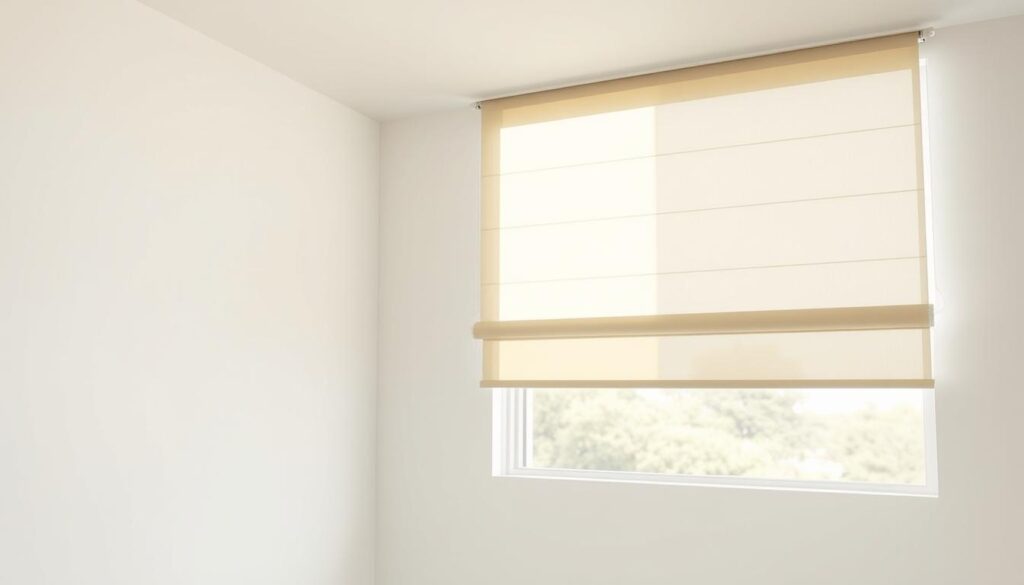 A stylish day-night roller blind in a clean, minimalist interior. The blind hangs floor-to-ceiling, allowing for customizable light control throughout the day. Its sleek, modern design complements the neutral color palette of the room. Soft, diffused sunlight streams through the partially opened blind, creating a warm, inviting atmosphere. The blind's operation mechanism is clearly visible, showcasing its high-quality construction. The overall scene conveys a sense of tranquility and elegance, perfect for highlighting the unique cleaning considerations of this type of window treatment.