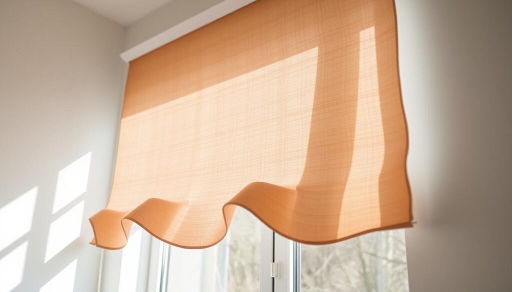 A vibrant and textured DIY roller blind, absent any mechanical components, hangs gracefully in a well-lit, airy room. The blind's fabric is a soft, muted tone, complemented by delicate, flowing folds that cascade down the window frame. Sunlight streams in, casting gentle shadows and highlighting the subtle texture of the material. The overall scene exudes a sense of simple elegance and functionality, perfectly capturing the essence of a handcrafted, mechanism-free window treatment. The viewer is drawn to the serene, minimalist aesthetic, envisioning the ease of constructing such a thoughtful, practical DIY solution.