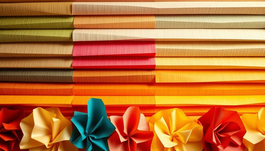 A vibrant arrangement of intricately textured paper roller blinds in a variety of captivating colors. The foreground showcases an array of hues, ranging from warm earth tones to bold, vivid shades, each blind delicately crafted with precise folds and creases. The middle ground reveals a harmonious composition, with the blinds artfully positioned to create a visually striking pattern. The background subtly blurs, allowing the paper blinds to take center stage and exude a sense of handcrafted elegance. The lighting is soft and diffused, highlighting the nuanced textures and enhancing the overall aesthetic. The overall mood is one of creativity, versatility, and the charming simplicity of DIY paper crafts.