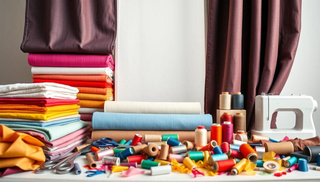 A vibrant collection of sewing materials for crafting a classic Roman shade, arranged in a well-lit, organized composition. The foreground features an array of colorful fabrics, threads, and sewing tools such as scissors, needles, and bobbins. In the middle ground, neatly folded fabric bolts and spools of thread create a sense of texture and depth. The background showcases a minimalist, muted backdrop, allowing the sewing supplies to take center stage. The overall mood is one of creativity, craftsmanship, and attention to detail, perfectly capturing the essence of sewing Roman shades.