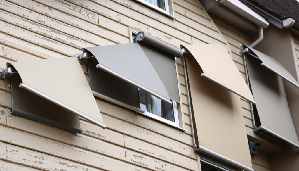 A weathered, paneled exterior on a residential building, with multiple sets of protruding, angled exterior window roller blinds in varying shades of gray, beige, and off-white. The blinds are partially open, casting angled shadows across the facade. The lighting is slightly overcast, creating a muted, contemplative atmosphere. The building's architectural details, such as window frames and trim, are visible, adding depth and texture to the scene. The composition emphasizes the visual impact and practical function of the exterior roller blinds within the broader context of the building's design.