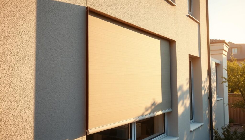 A well-crafted exterior roller blind in a neutral color, seamlessly integrated into the facade of a modern residential building. The blind is partially extended, allowing a glimpse of the interior light to filter through. The scene is bathed in warm, natural lighting, casting gentle shadows and highlighting the texture of the materials. The overall composition conveys a sense of sophistication, energy efficiency, and harmonious architectural design.