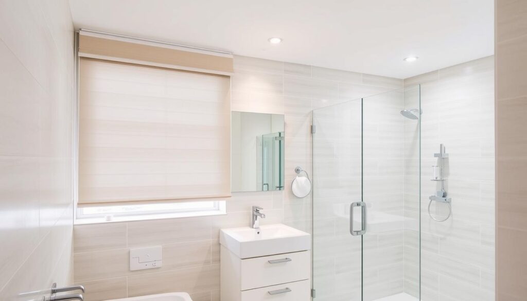A well-lit bathroom interior with stylish and moisture-resistant roller blinds in the foreground. The blinds feature a sleek, minimalist design with a neutral color palette that complements the tile walls and porcelain fixtures. The middle ground showcases a modern vanity unit and sink, while the background reveals a spacious shower enclosure with frameless glass panels. The overall scene exudes a serene, spa-like atmosphere with balanced lighting, clean lines, and a focus on functional yet visually appealing elements suitable for a humid bathroom environment.