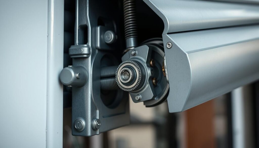 A well-lit, close-up shot of a window roller shutter mechanism, showcasing its intricate inner workings. The foreground features the central shaft, gears, and springs that control the smooth retraction and extension of the roller. The middle ground captures the housing that protects the mechanism, with a focus on the access panel and any visible lubrication points. The background subtly suggests the exterior of the building, hinting at the roller's function in providing security and insulation. The lighting is balanced, with soft shadows accentuating the mechanical details. The overall composition conveys a sense of precision engineering and the importance of proper maintenance for optimal roller shutter performance.