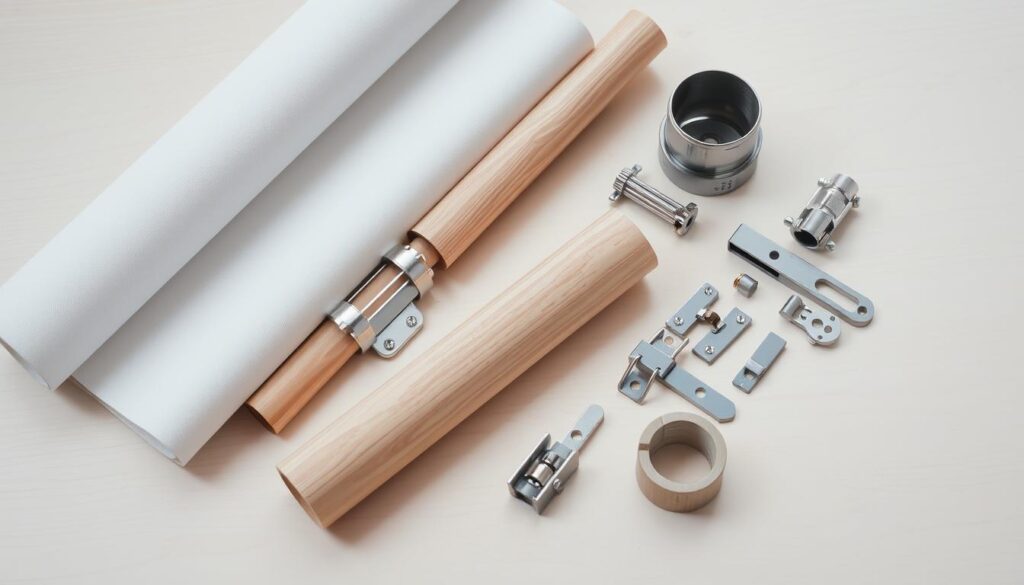 A well-lit, close-up still life photograph of various materials for making a roller blind or roller shade, including rolled fabric, wooden slats, metal brackets, and other assembly components, arranged neatly on a plain, pale wooden surface. The lighting is soft and diffused, creating subtle shadows that accentuate the textures and details of the materials. The composition is balanced and harmonious, emphasizing the individual elements while suggesting how they might come together to create the finished product. The overall mood is one of precision, simplicity, and functionality, reflecting the step-by-step nature of the DIY roller blind construction process.