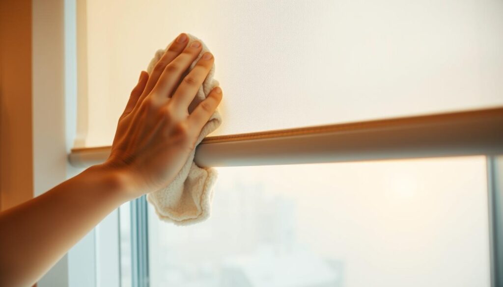 A well-lit, close-up view of a person's hands gently dusting and wiping down the slats of a clean, pristine window roller blind. The texture of the fabric is clearly visible, the blinds appear to be in excellent condition. The hands move methodically, using a soft cloth to wipe away any accumulated dust or dirt. The scene conveys a sense of care and attention to maintaining the cleanliness and longevity of the window treatment. Warm, natural lighting illuminates the scene, creating a tranquil, serene atmosphere. The background is softly blurred, keeping the focus on the hands and the blind.
