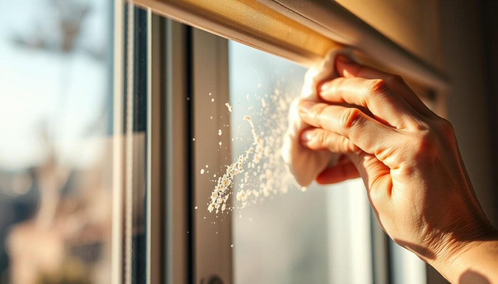 A well-lit, close-up view of a person's hands gently scrubbing a dirty window roller blind, removing stubborn stains and dirt. The scene is set against a softly blurred background, allowing the focus to remain on the intricate cleaning process. The lighting is natural, with warm hues highlighting the tactile nature of the task. The angle captures the dexterity and care taken to restore the blind to its former pristine condition. The overall mood is one of diligence and attention to detail, reflecting the importance of properly maintaining window coverings.