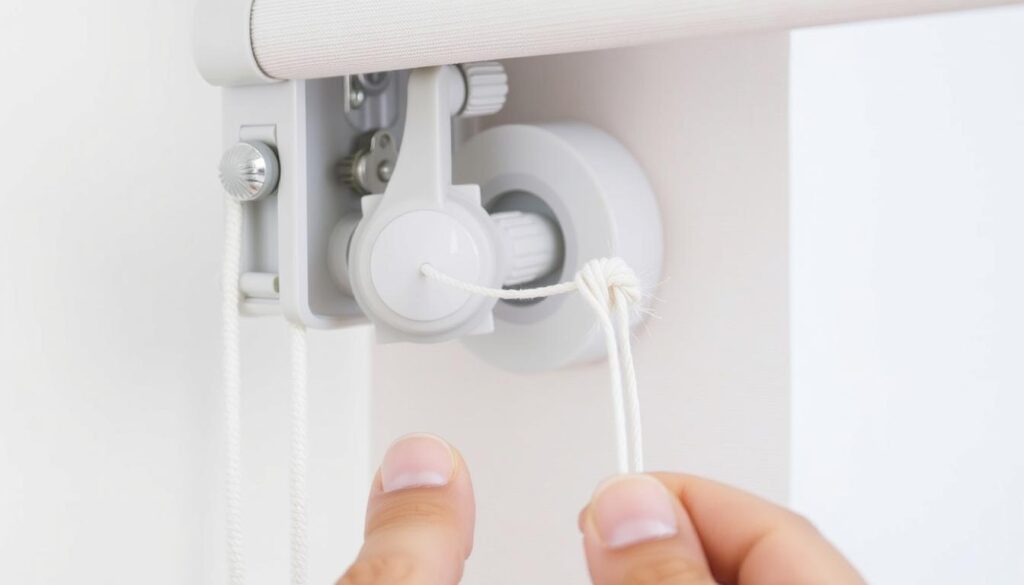 A well-lit, close-up view of the interior mechanism of a roller blind, showcasing the process of replacing the drawstring. The image depicts the blind's housing, revealing the pulley system, the old frayed cord, and the replacement string being carefully threaded through the components. The scene conveys a sense of precision and attention to detail, with a clean, neutral background allowing the focus to remain on the technical aspects of the task. The lighting accentuates the textures and materials, providing clarity and emphasizing the step-by-step nature of the process. An informative, instructional visual to complement the "Wymiana sznurka w roletach wewnętrznych" section of the article.