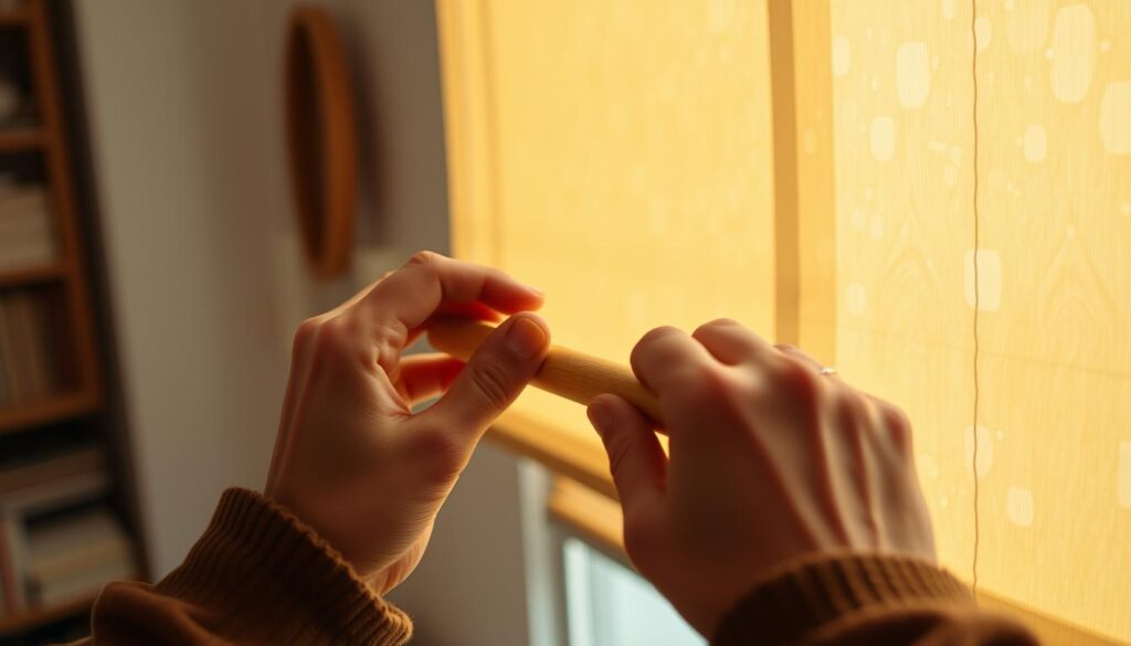 A well-lit, closeup view of a person's hands carefully assembling a handmade roller blind. The subject is positioned in the foreground, with a soft, slightly blurred background that suggests a cozy, domestic setting. The scene conveys a sense of focus, attention to detail, and the satisfaction of creating something by hand. The lighting is natural, with warm hues that create a homey, inviting atmosphere. The camera angle is slightly elevated, giving the viewer a bird's-eye perspective on the intricate process of constructing the perfect DIY roller blind.