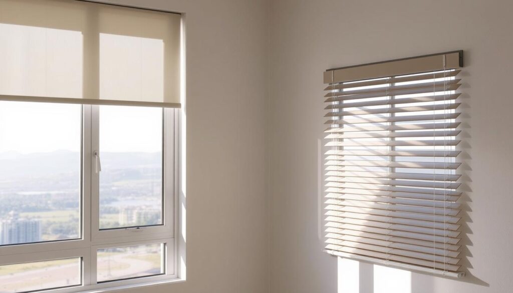 A well-lit, contemporary interior scene showcasing the distinct features of roller blinds and venetian blinds. In the foreground, a set of roller blinds are partially drawn, revealing a window overlooking a scenic outdoor landscape. In the middle ground, a set of sleek, horizontal venetian blinds are tilted at various angles, casting intricate patterns of light and shadow across the room. The background features a minimalist, neutral-toned wall, accentuating the textures and materials of the window coverings. The lighting is soft and diffused, creating a harmonious, serene atmosphere that highlights the subtle differences in function and aesthetic between the two types of window treatments.