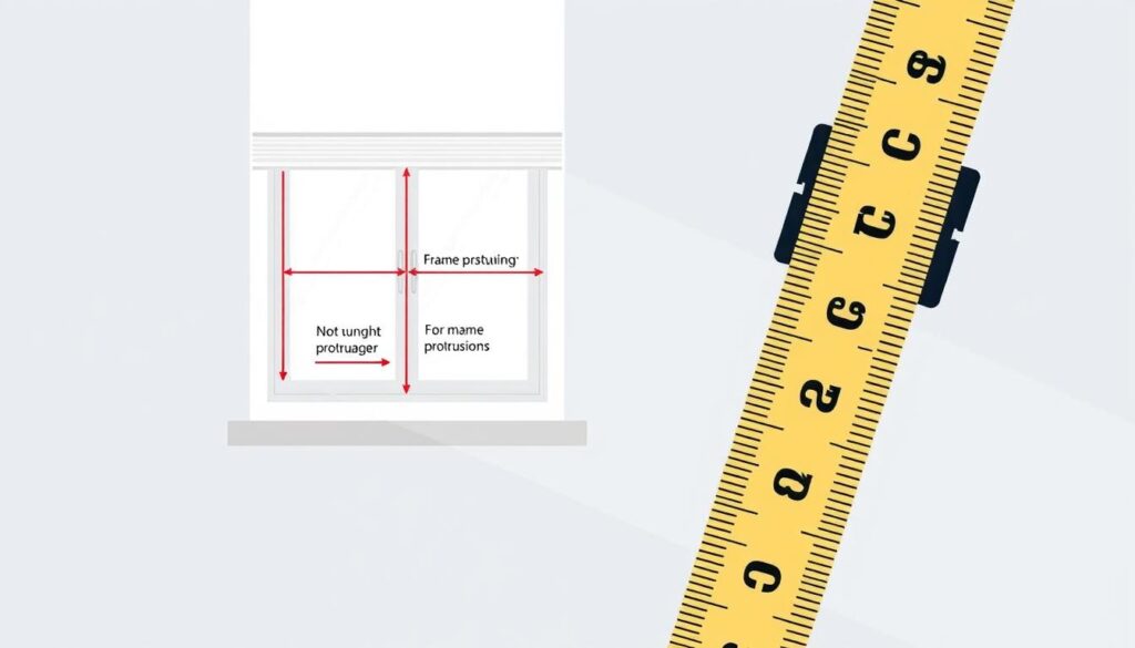 A well-lit, detailed illustration of the most common measurement errors when sizing a window for a day and night roller blind. In the foreground, a tape measure is positioned askew, highlighting the importance of precise alignment. In the middle ground, a window frame with imprecise measurements is depicted, showcasing common mistakes like not accounting for frame protrusions or uneven surfaces. The background features a neutral, minimalist setting to draw the viewer's attention to the measurement process. The overall mood conveys a sense of precision and attention to detail, emphasizing the criticality of accurate window measurements for proper roller blind installation.