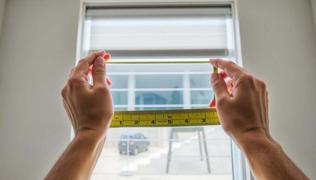 A well-lit, detailed interior scene showcasing the proper technique for measuring a window for roller shades installation. In the foreground, a pair of hands holds a tape measure, carefully aligning it against the window frame. The middle ground features the window itself, with clear and precise measurements marked on the glass. The background includes a neutral-toned wall, providing a clean and uncluttered environment to highlight the measurement process. The lighting is soft and natural, creating a calm and informative atmosphere. The camera angle is positioned to provide a clear, front-on view of the window, allowing the viewer to easily follow and understand the measurement steps.