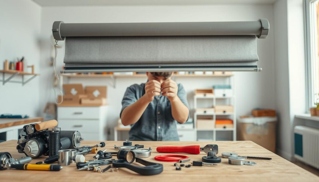 A well-lit, detailed interior scene showcasing the repair process of a retractable roller blind mechanism. The foreground features the disassembled blind mechanism with various components, tools, and replacement parts neatly arranged. The middle ground depicts a skilled DIY technician's hands carefully reassembling the mechanism, demonstrating the step-by-step repair technique. The background showcases a clean, organized workshop space with shelves of relevant supplies. The scene conveys a sense of precision, functionality, and the satisfying process of fixing a common household item. Soft, directional lighting illuminates the scene, creating depth and emphasizing the textural details of the materials.