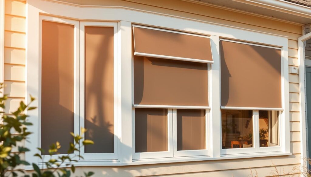 A well-lit exterior shot of a house with bright white window frames and a set of stylish, modern exterior window shades or blinds in a tasteful, muted color palette. The shades should be large enough to cover the windows completely, with clean lines and a sleek, minimalist design that complements the white window frames. The scene should be bathed in warm, natural lighting, creating a sense of inviting coziness and highlighting the interplay between the white windows and the carefully chosen shade color. The overall composition should be balanced and visually appealing, drawing the viewer's attention to the harmonious integration of the window shades and the white window frames. A well-lit exterior shot of a house with bright white window frames and a set of stylish, modern exterior window shades or blinds in a tasteful, muted color palette. The shades should be large enough to cover the windows completely, with clean lines and a sleek, minimalist design that complements the white window frames. The scene should be bathed in warm, natural lighting, creating a sense of inviting coziness and highlighting the interplay between the white windows and the carefully chosen shade color. The overall composition should be balanced and visually appealing, drawing the viewer's attention to the harmonious integration of the window shades and the white window frames.