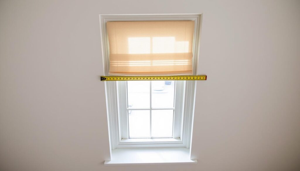 A well-lit, high-angle photograph of a window frame with a measuring tape stretched across it, showcasing the precise measurements required for a perfect Roman shade installation. The window is centered, with a clean, minimalist background that emphasizes the task at hand. Soft, natural lighting from the side casts gentle shadows, highlighting the contours of the frame and the numerical values on the tape. The composition is balanced and symmetrical, conveying a sense of order and attention to detail, reflecting the step-by-step process of creating a custom Roman shade. A well-lit, high-angle photograph of a window frame with a measuring tape stretched across it, showcasing the precise measurements required for a perfect Roman shade installation. The window is centered, with a clean, minimalist background that emphasizes the task at hand. Soft, natural lighting from the side casts gentle shadows, highlighting the contours of the frame and the numerical values on the tape. The composition is balanced and symmetrical, conveying a sense of order and attention to detail, reflecting the step-by-step process of creating a custom Roman shade.
