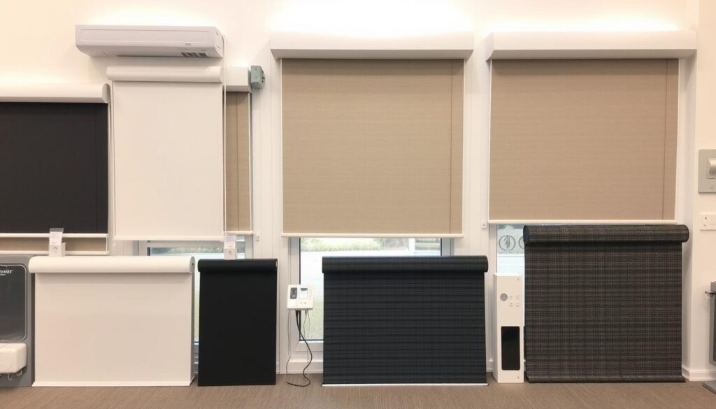 A well-lit, high-quality photograph of various types of modern, electrically-operated exterior window roller shades. The shades are displayed in a showroom-like setting, allowing the viewer to clearly see their different designs, materials, and control mechanisms. The foreground features a selection of roller shades in different colors and styles, such as classic white, sleek black, and textured fabric options. The middle ground showcases the operating systems, including motor housings, remote controls, and wall-mounted switches. The background provides a clean, neutral backdrop to highlight the products. The overall scene conveys a sense of professionalism, quality, and the range of options available for electric exterior window roller shades.