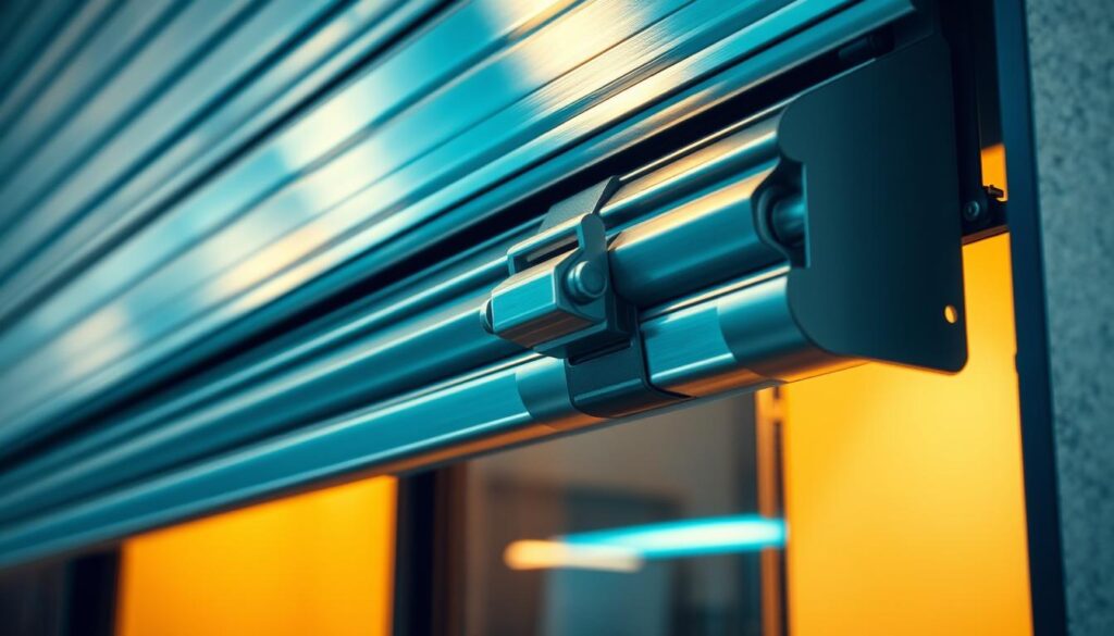 A well-lit, high-resolution close-up shot of an elegant, modern anti-burglary roller shutter system, showcasing its sleek aluminum construction, sturdy locking mechanism, and smooth operation. The shutter is partially raised, revealing a glimpse of the interior space it protects. The image has a crisp, high-contrast aesthetic, with warm, even lighting that accentuates the shutter's metallic finish and clean lines. The background is slightly blurred, keeping the focus on the central subject and conveying a sense of quality and attention to detail.