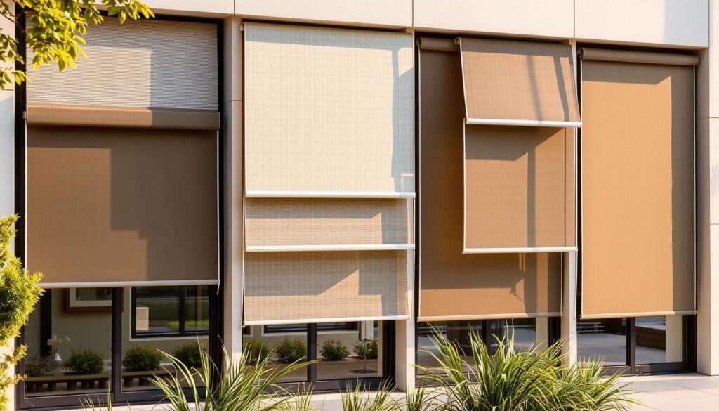 A well-lit, high-resolution photograph of a diverse selection of exterior window roller shades in various colors, textures, and styles. The shades are displayed in a natural, outdoor setting against a backdrop of a modern building facade. The image should showcase the different mechanisms, materials, and mounting options available for exterior roller blinds, highlighting their practical and aesthetic features. The lighting should be warm and inviting, capturing the nuances of the products while conveying a sense of quality and attention to detail. The composition should be balanced and visually appealing, guiding the viewer's eye through the range of roller shades on display. A well-lit, high-resolution photograph of a diverse selection of exterior window roller shades in various colors, textures, and styles. The shades are displayed in a natural, outdoor setting against a backdrop of a modern building facade. The image should showcase the different mechanisms, materials, and mounting options available for exterior roller blinds, highlighting their practical and aesthetic features. The lighting should be warm and inviting, capturing the nuances of the products while conveying a sense of quality and attention to detail. The composition should be balanced and visually appealing, guiding the viewer's eye through the range of roller shades on display.