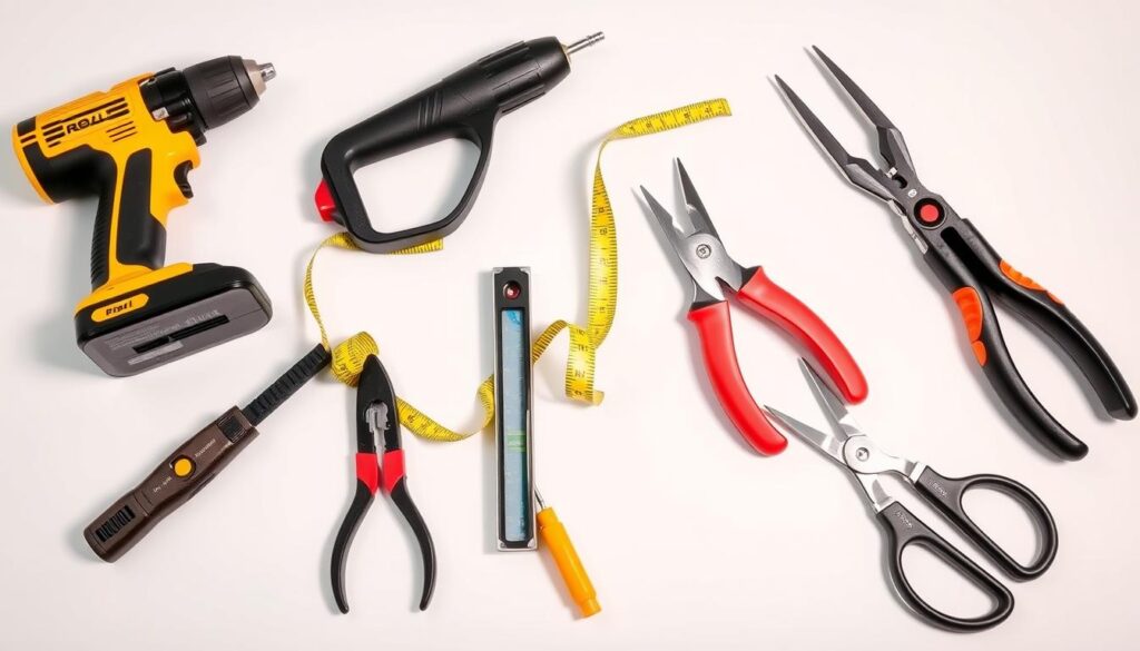A well-lit, high-resolution photograph of an assortment of essential tools for installing a Roman shade, including a cordless power drill, a tape measure, a level, pliers, scissors, and a screwdriver set, arranged on a clean, white backdrop with a soft, diffused lighting that highlights the textures and details of the tools, creating a sense of order and professionalism suitable for illustrating a step-by-step guide on installing a Roman shade.