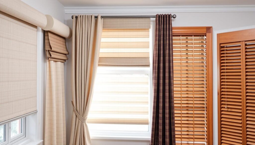 A well-lit, high-resolution photograph showcasing various types of interior window coverings. In the foreground, a selection of modern roller blinds in neutral tones and textured fabrics. The middle ground features a range of stylish pleated curtains in varying colors and patterns. In the background, a display of classic wooden venetian blinds capturing both their functional and decorative qualities. The image is shot at a slight angle to provide depth and a sense of depth, with soft, diffused lighting to accentuate the textures and materials. The overall atmosphere is one of tasteful elegance and practical sophistication.