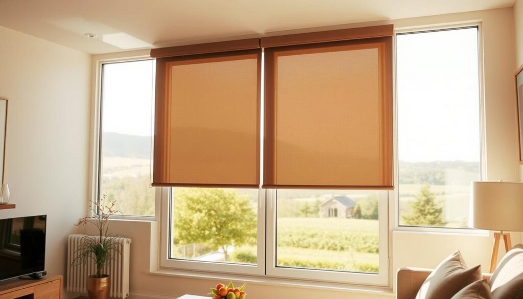 A well-lit home interior with a large window showcasing a pair of day and night roller blinds. The blinds are in the closed position, allowing a view of the outdoor scenery through the translucent fabric. The camera angle is slightly elevated, capturing the full height of the blinds and the surrounding room details. Warm, natural lighting filters through the window, creating a cozy, inviting atmosphere. The composition highlights the blinds as the central focus, demonstrating their functionality and design in a realistic domestic setting.