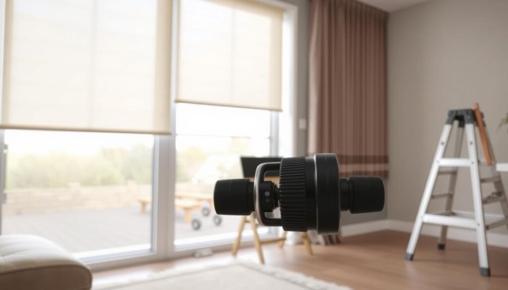 A well-lit home interior with a large window, showcasing a pair of modern, sleek roller blinds in a neutral color. The blinds are partially drawn, allowing natural light to filter in. In the foreground, there is a close-up view of the control mechanism, highlighting the ease of use and safety features, such as a child-proof locking system. The middle ground features a neatly organized toolbox and a step ladder, suggesting proper installation and maintenance. The background depicts a cozy, minimalist living space, emphasizing the integration of the roller blinds into the overall design aesthetic. The scene conveys a sense of security, comfort, and attention to detail in the installation and upkeep of the roller blinds.