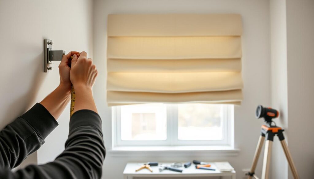 A well-lit indoor scene showcasing the step-by-step installation of a Roman shade. In the foreground, a person's hands carefully measure and attach the mounting brackets to the wall. The middle ground reveals the shade fabric being carefully threaded through the pull cord system. In the background, neatly organized tools and materials suggest a methodical, DIY approach. The lighting is natural and diffuse, creating soft shadows that enhance the three-dimensional quality of the scene. The overall mood is focused, instructional, and visually appealing, reflecting the practical nature of the task at hand.
