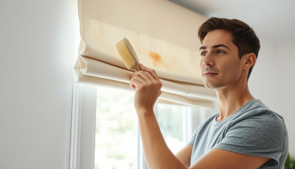 A well-lit interior scene of a person carefully removing stains from the fabric of a Roman shade using a soft-bristle brush and a mild detergent solution. The shade hangs in a large window, allowing natural light to stream in and illuminate the cleaning process. The person's movements are focused and delicate, with a look of determination on their face as they work to restore the shade to its original pristine condition. The background is blurred, drawing the viewer's attention to the intricate cleaning task at hand. The overall atmosphere conveys a sense of diligence and attention to detail in tackling this common household chore.