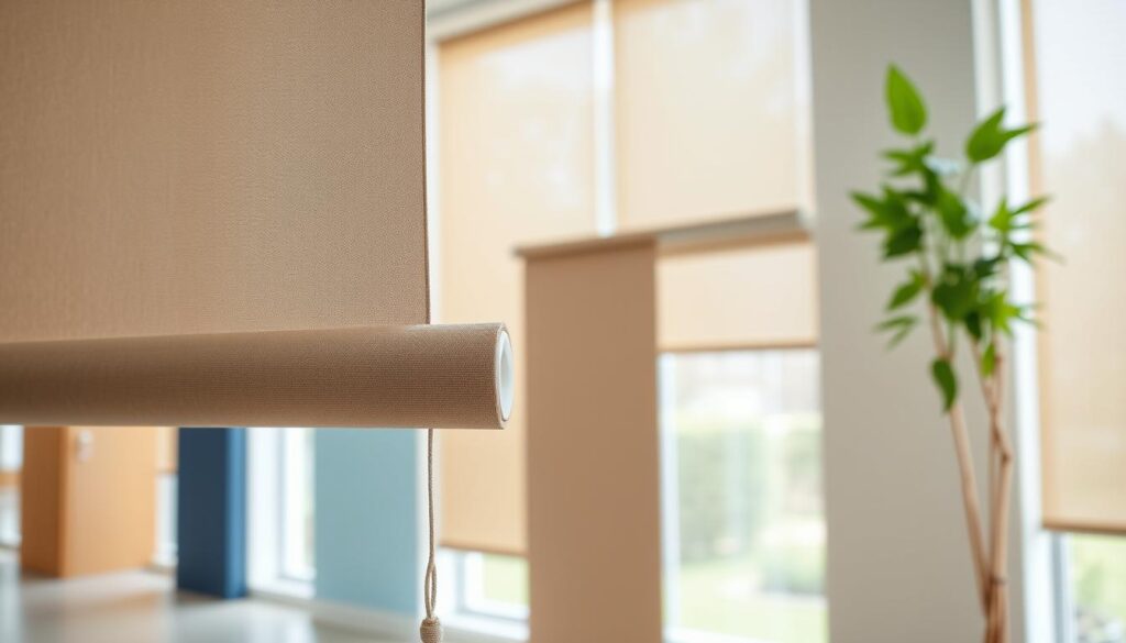 A well-lit interior scene, showcasing a variety of modern, high-quality window roller blinds. The foreground features a close-up of a sleek, minimalist roller blind in a neutral color, its fabric tightly wound around the cylindrical mechanism. In the middle ground, additional roller blinds in different colors and textures are positioned, creating a harmonious display. The background depicts a bright, airy room with large windows, allowing natural light to flow in and highlight the textural details of the blinds. The overall composition emphasizes the versatility, functionality, and aesthetic appeal of these interior window coverings. A well-lit interior scene, showcasing a variety of modern, high-quality window roller blinds. The foreground features a close-up of a sleek, minimalist roller blind in a neutral color, its fabric tightly wound around the cylindrical mechanism. In the middle ground, additional roller blinds in different colors and textures are positioned, creating a harmonious display. The background depicts a bright, airy room with large windows, allowing natural light to flow in and highlight the textural details of the blinds. The overall composition emphasizes the versatility, functionality, and aesthetic appeal of these interior window coverings.