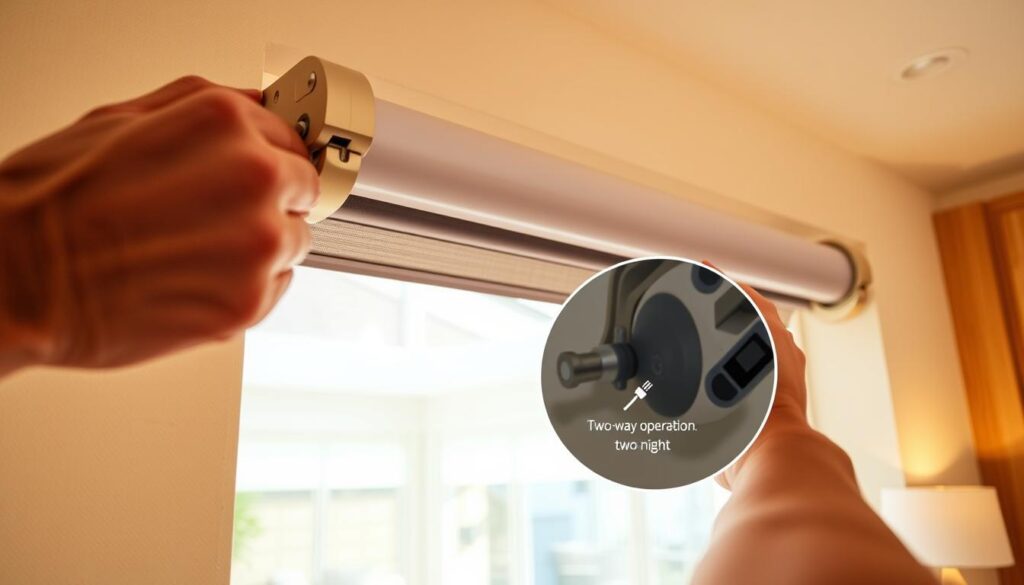 A well-lit interior scene showcasing the installation of a day and night roller blind system. In the foreground, close-up view of hands securely mounting the roller blind brackets onto a light-colored wall. In the middle ground, the partially installed roller blind mechanism with its two-way operation demonstrated. The background reveals a bright, airy room with large windows, hinting at the versatility of the day/night shading solution. Warm, natural lighting floods the space, casting soft shadows that accentuate the mechanical details. The overall composition conveys a sense of precision, functionality, and seamless integration of the roller blind system into the modern home environment.