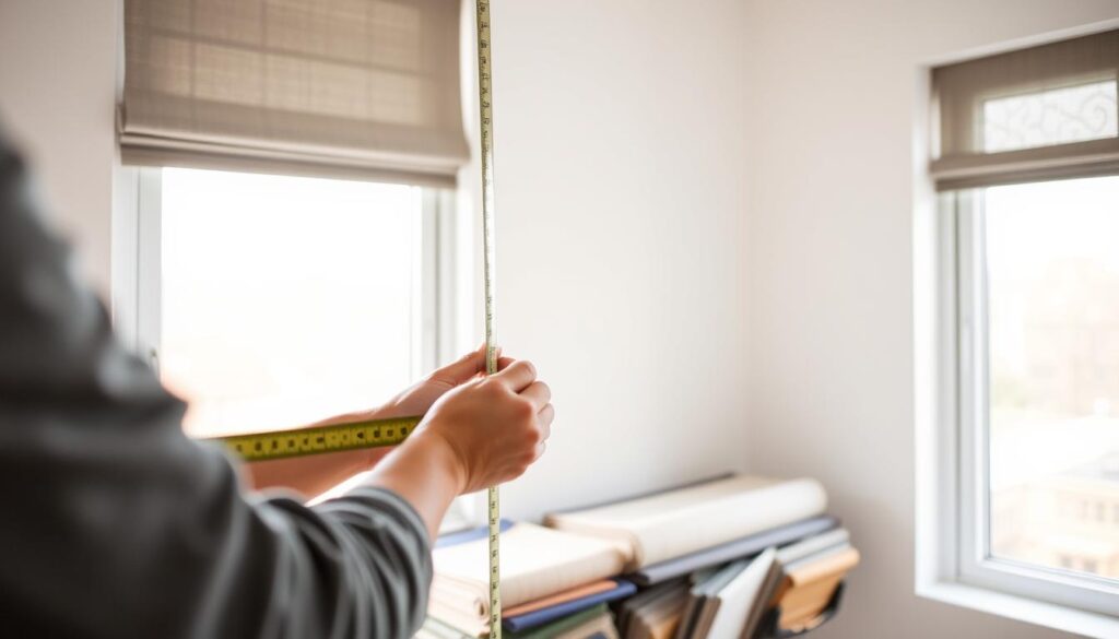 A well-lit interior scene, showcasing the process of measuring window dimensions for custom roller blinds. In the foreground, a person's hands carefully hold a measuring tape against a window frame, ensuring precise measurements. The middle ground features an array of various roller blind samples, displaying different colors and textures. The background depicts a clean, minimalist room with neutral tones, allowing the measurement task to be the focal point. Soft, natural lighting from a nearby window illuminates the scene, creating a sense of clarity and attention to detail. The overall mood is one of focus, precision, and the importance of accurate measurements when selecting the perfect roller blinds for a home.
