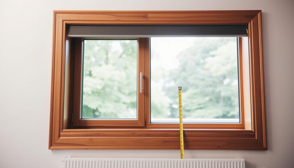 A well-lit interior setting with a large window frame in the foreground, the window pane open to reveal a bright, natural outdoor scene. The window frame is made of sturdy wood or high-quality materials, with precise measurements marked along the edges. A measuring tape or ruler is placed alongside the frame, highlighting the importance of accurate measurements for window treatments like roller blinds. The lighting is soft and even, creating a calm, focused atmosphere to emphasize the significance of the measurement process. The background is slightly blurred, keeping the attention on the window frame and the measurement tools.