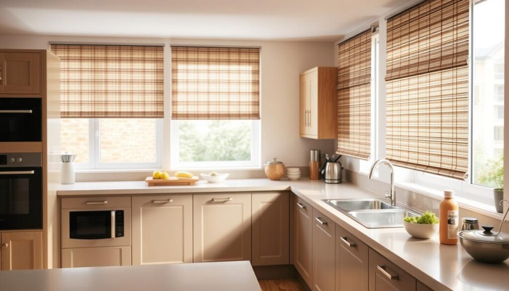 A well-lit kitchen interior with a variety of stylish roller blinds displayed on the windows. The foreground features a close-up view of a few different roller blind designs, showcasing their textures, colors, and mechanisms. The middle ground depicts the broader kitchen setting, with modern appliances, cabinets, and countertops visible. The background subtly renders the rest of the kitchen, creating a warm and inviting atmosphere. The lighting is natural, with soft, diffused illumination highlighting the details of the roller blinds. The overall composition emphasizes the aesthetic and practical considerations for choosing the right roller blinds for a kitchen environment.