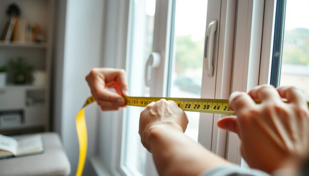 A well-lit, medium-close-up view of a person measuring a window with a tape measure, focusing on the hands and the tape measure as the primary subjects. The person is wearing casual, neutral-colored clothing, and the background is blurred but suggests a domestic interior setting, such as a living room or home office. The image conveys a sense of precision, attention to detail, and the importance of accurate measurement for proper window treatment installation.