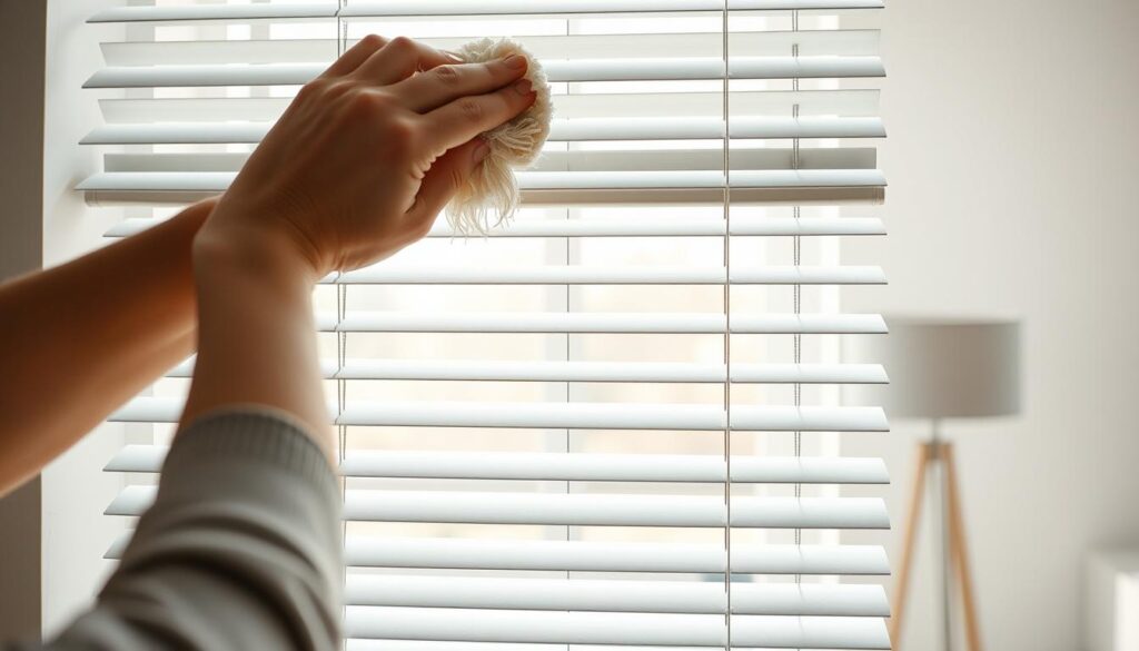 A well-lit, meticulously detailed scene of a person carefully maintaining a set of clean, well-cared-for window blinds. The foreground shows the person's hands gently dusting and wiping the slats, removing any accumulated dirt or debris. The middle ground depicts the blinds themselves, their material and color reflecting the natural daylight streaming in through the window. The background softly fades into a serene, minimalist interior, emphasizing the importance of proper blind maintenance for a neat, tidy living space. The overall mood is one of mindful, diligent home care, capturing the essence of keeping window blinds looking pristine day and night.