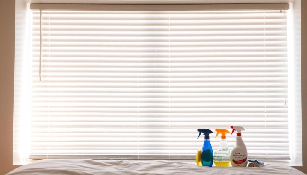 A well-lit, modern bedroom interior with a set of clean, freshly washed window blinds hanging against a bright, airy backdrop. The blinds are evenly arranged, their slats neatly aligned and gleaming with a spotless, streak-free sheen. The lighting is soft and diffused, casting a warm, inviting glow across the scene. In the foreground, a few cleaning tools and products are artfully arranged, hinting at the meticulous care taken to maintain the pristine appearance of the blinds. The overall atmosphere conveys a sense of cleanliness, order, and attention to detail.