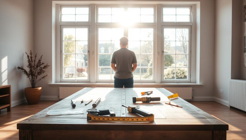 A well-lit, spacious room with a large window overlooking a garden. On a wooden table, neatly arranged tools and a measuring tape lie ready for the task at hand. The sunlight streams in, casting a warm, inviting glow over the scene. A person, their face obscured, stands before the table, intently focused on the upcoming measurement process. The atmosphere is one of careful preparation, attention to detail, and the anticipation of a successful outcome.